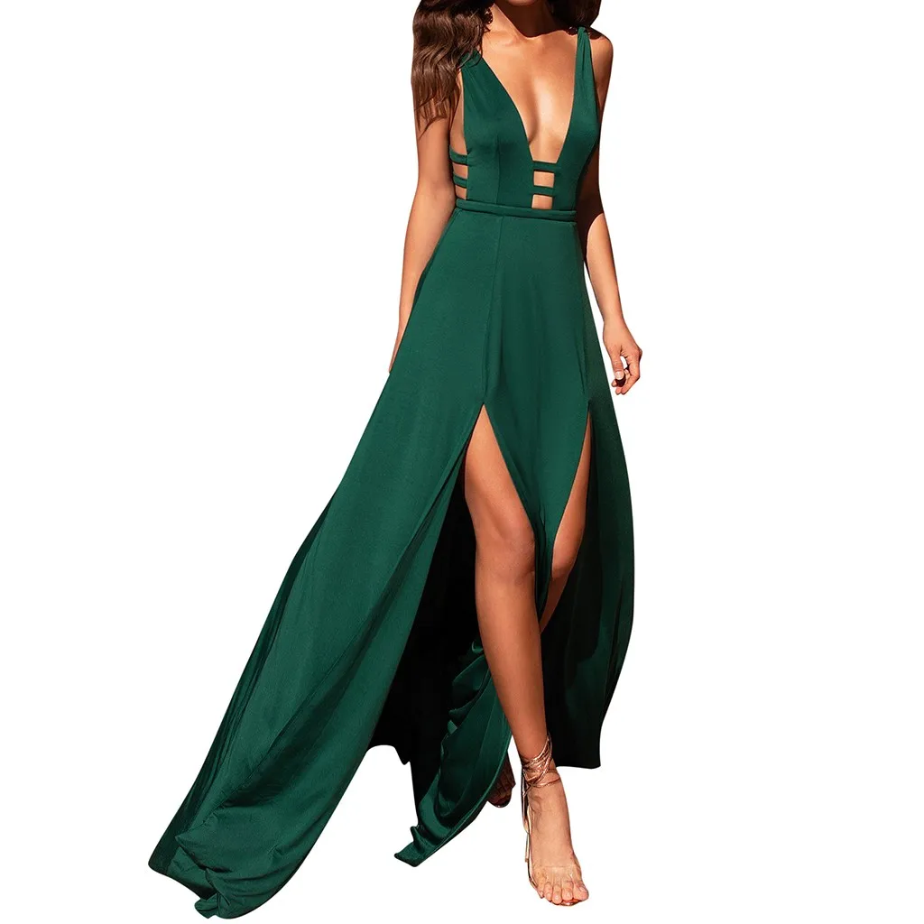 

Green Sexy Deep V-Neck Long Dress Fashion Women Evening Solid Color Dress Sexy Camisole Sleeveless V-Neck Fork Opening Dress 5.7