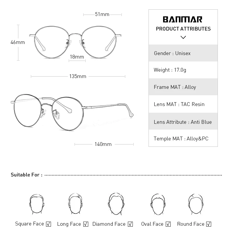 BANMAR компьютерная круглая оправа очки женские лучи радиационные игровые очки оправы металлические унисекс анти-голубые Легкие мужские очки с оптической оправой