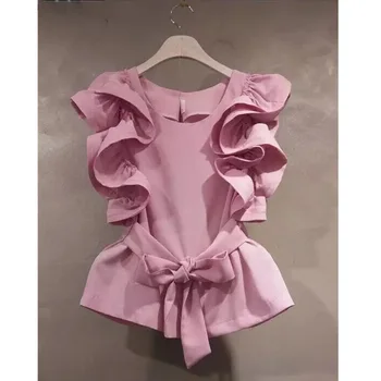 

2019 Women Solid Color Ruffled High Waist Solid Shirt 2019 Summer Belt Sleeveless Slim Blouse