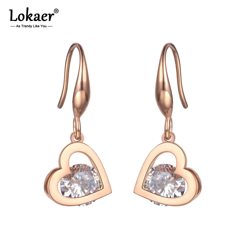 

Lokaer Trendy AAA Cubic Zirconia Love Heart Titanium Stainless Steel Earrings Rose Gold Handmade Ear Jewelry For Women E19150