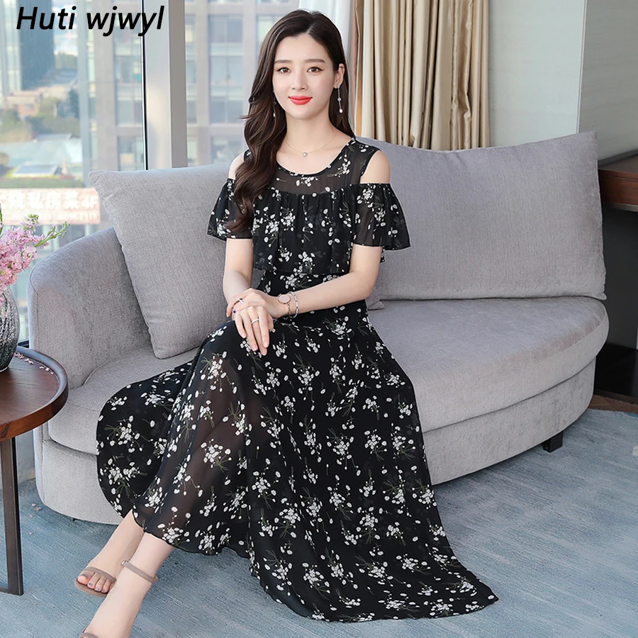 

2019 Print Chiffon Beach Midi Dress Summer Vintage 4XL Plus Size Boho Floral Maxi Sundress Elegant Women Bodycon Party Vestidos