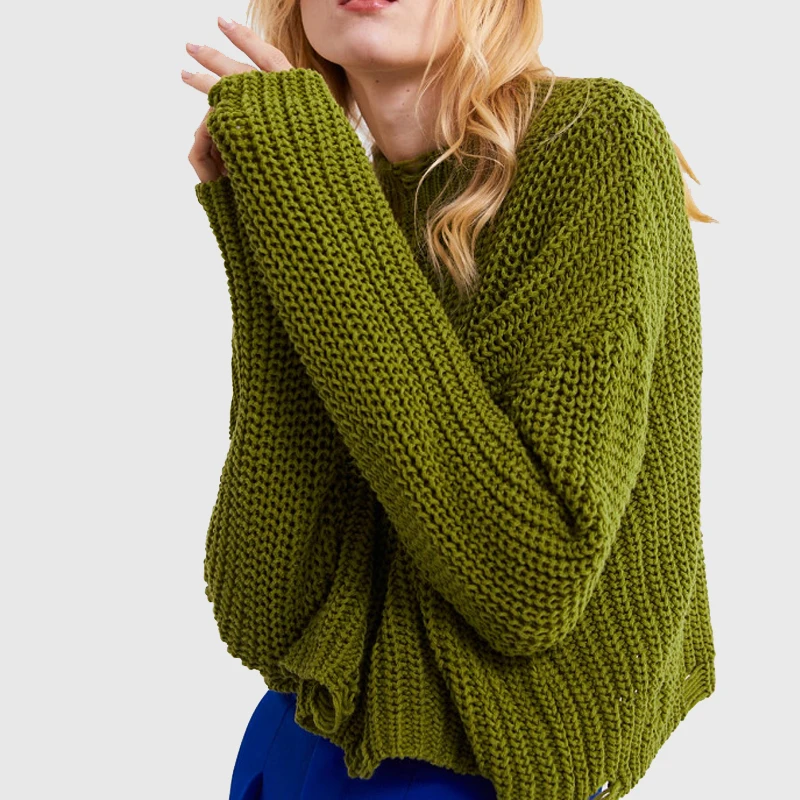 

Sweater Women Long Sleeves Pullovers Casuai O-neck Autumn Sweater Loose Knit Wear on Both Sides Green Short Spring Sweaters 2019