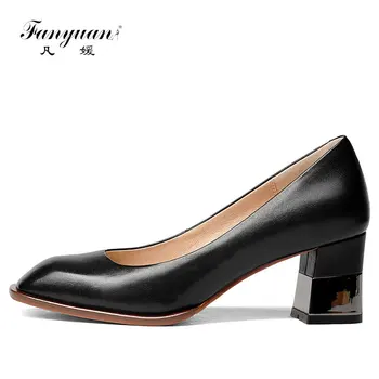 

Fanyuan 2018 Genuine Leather Square Toe Women Pumps Spring Summer New Shoes Women Party Street Dress High Heels OL Pumps