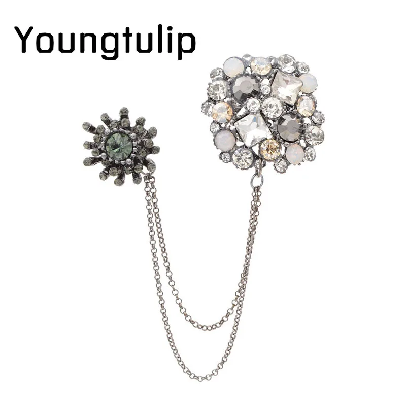 Young Tulip Women Brooch Rhinestone Creative Double Brooches Link Chain