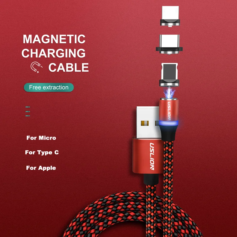 Магнитный USB кабель USLION 1 м 2 со светодиодной подсветкой типа C и Micro для iPhone Xs Max 8 7 6