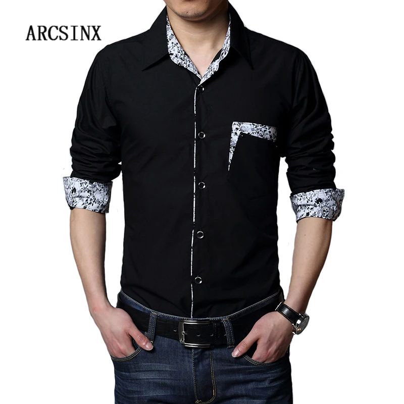 ARCSINX Plus Size Men Dress Shirt 5XL 6XL 7XL 8XL Autumn Casual Black