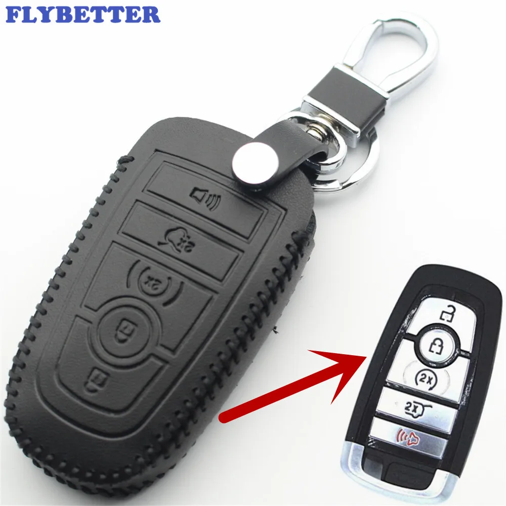

FLYBETTER Genuine Leather 5Button Smart Key Case Cover For Ford Fusion/Explorer/Escape/Edge/F-150/Mustang Car Styling L374