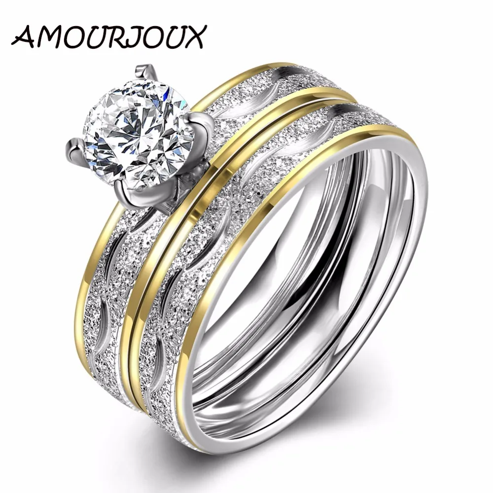 AMOURJOUX Gold Silver Plated Stainless Steel Jewelry Rings Set For Women Wedding Band Engagement Party Ring R063 | Украшения и