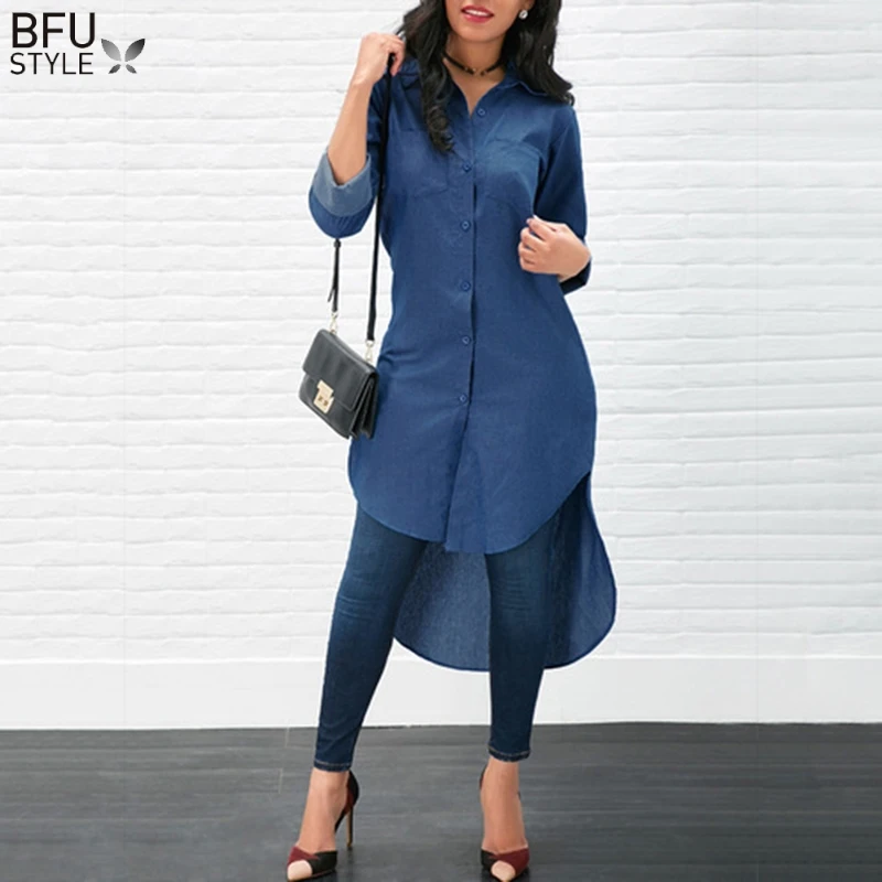 

Denim Shirts Women Irregular Hem Long Shirt Spring Autumn Long Sleeve Women's Tops Stone Wash Jean Blouse Chemise Femme