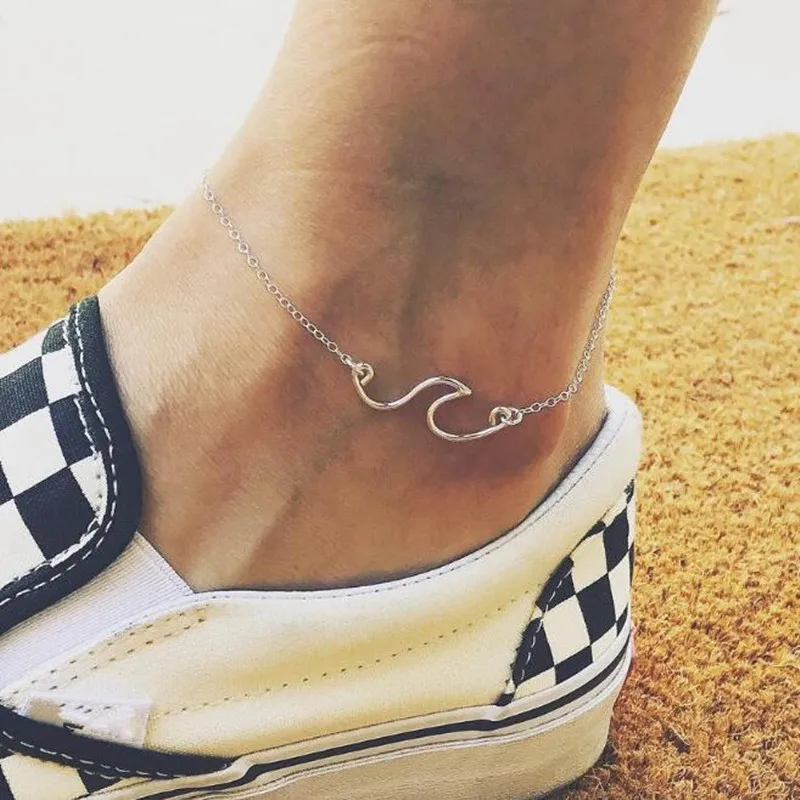 

Geometric Beach Wave Anklet Classic Design Vintage Silver Wave Charm Ankle Bracelet Bohemian Style Chain Chain Anklet Female Jew
