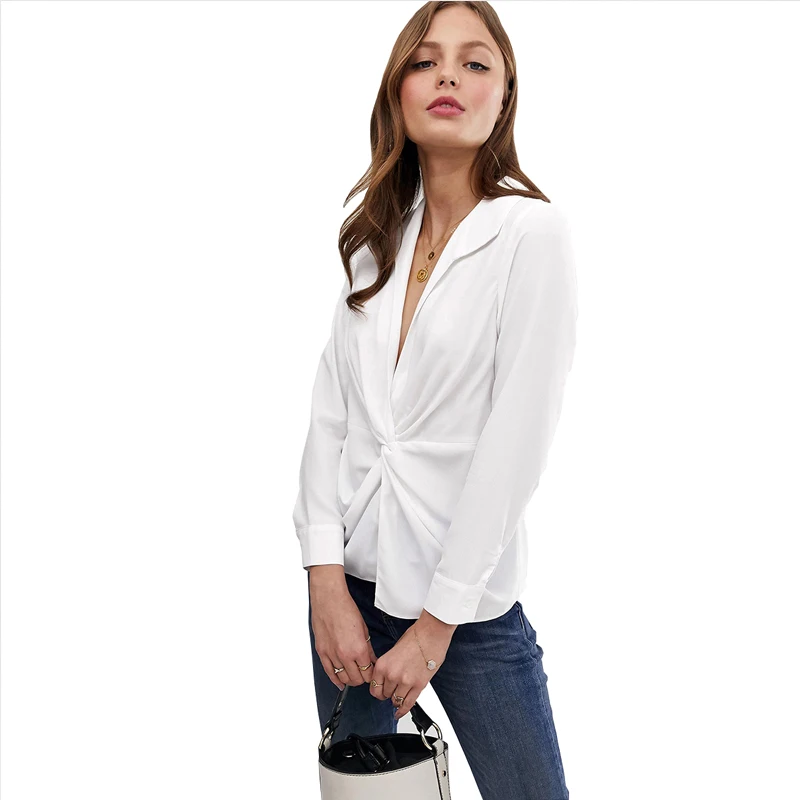 

MINSUNDA Elegant Notched Twist Front Long Sleeve Top Women Casual V Neck Solid Shirt Ladies Minimalistic Blouses