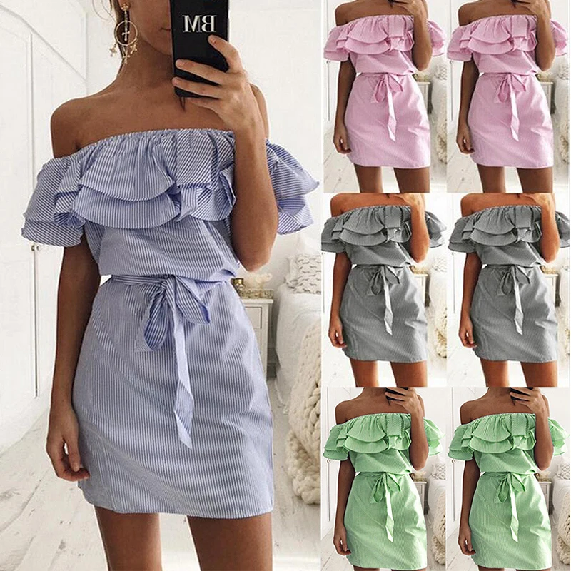 Blue, Gray, Pink Green. Off The Shoulder Summer Dresses
