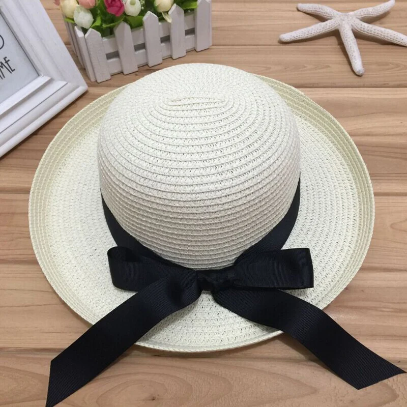 1 قطع الصيف أحد قبعة سوداء bowknot الشريط التشفيه قش قبعة الشاطئ قبعات محيط الرأس 56-58 سنتيمتر 3 ألوان 6113