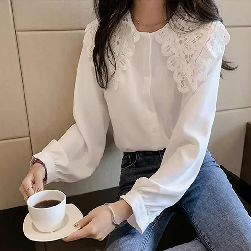 

Women Summer Sweet Chiffon Blouse Long Sleeve Lace Doll Collar Solid Color Shirt