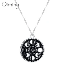 Ожерелье с кулоном в лунном цикле, круглое ожерелье с изображением Галактики для женщин и мужчин, ювелирные изделия из нержавеющей стали, черное ожерелье