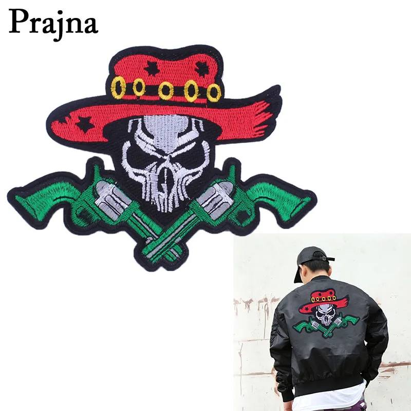 

Prajna Cowboy Hat Gun Motorcycle Biker Patches Big Punk Skeleton Back Embroidery Stickers Iron On Patches For Jeans Jacket D