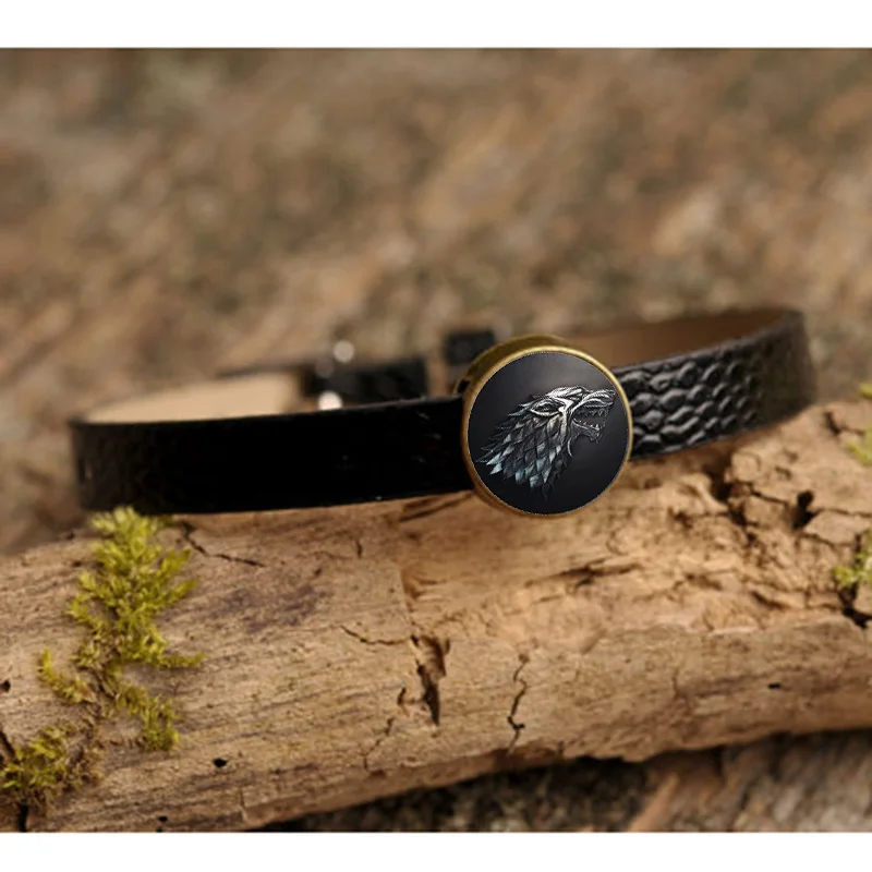 

XUSHUI XJ Game of Thrones Bracelets & Bangles Stark Wolf Art Glass Cabochon Vintage Jewelry Black Pu Leather Bracelet Women Men