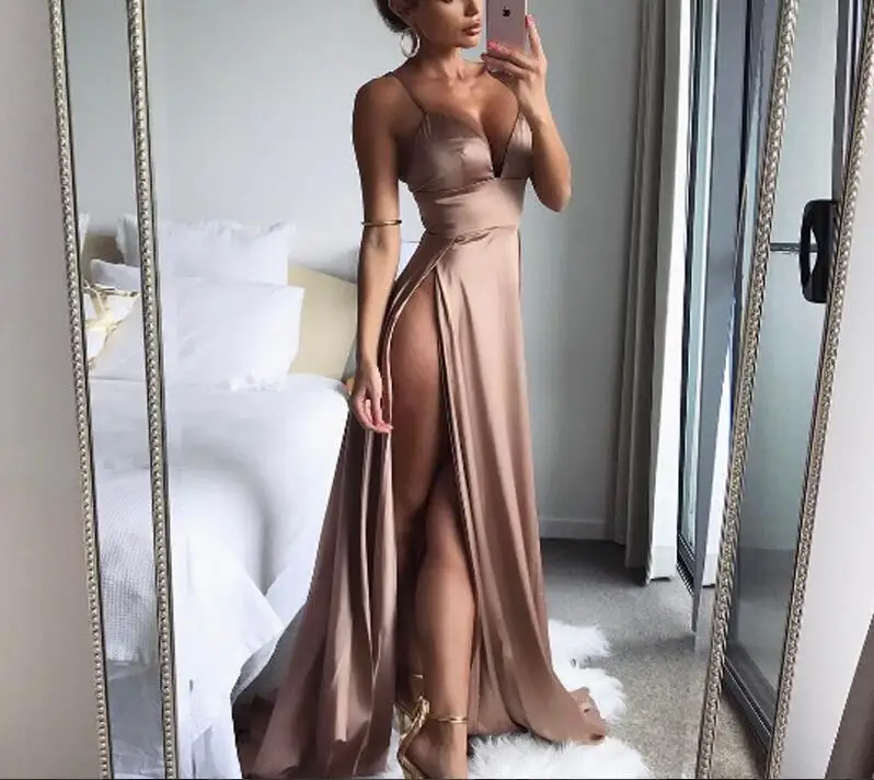 

Spicy summer golden Club dress long dress maxi spaghetti strap front side shed high cut dress