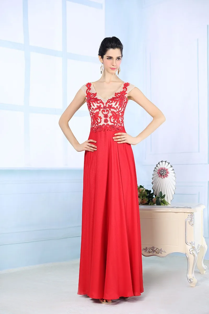 Новые модные шифоновые платья трапециевидной формы с v-образным вырезом и бисером красного цвета для выпускного вечера Vestidos De Festa - Цвет: Красный