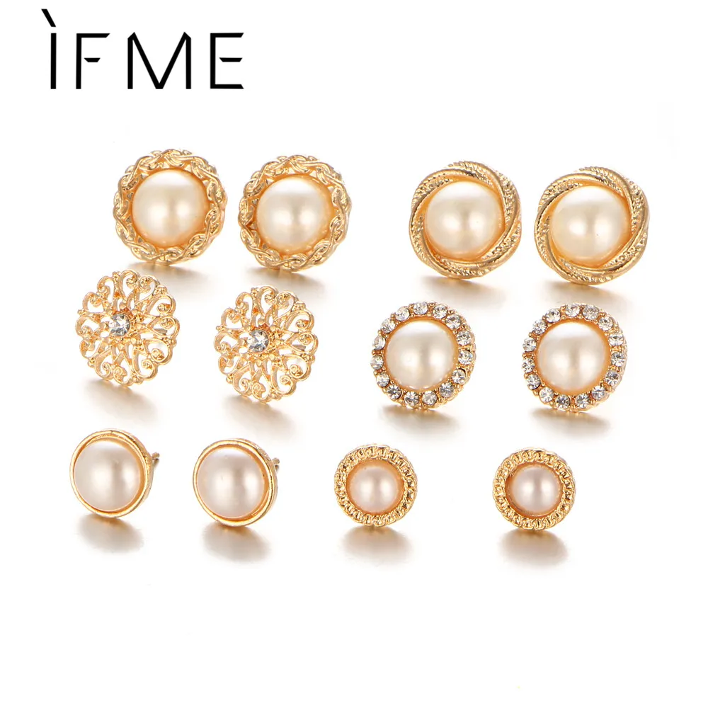 

IF ME 6Pairs/set Round Crystal Stud Earrings Sets Women Female Simulated Pearl Flower Ear Studs Party Wedding Gift Gold Color