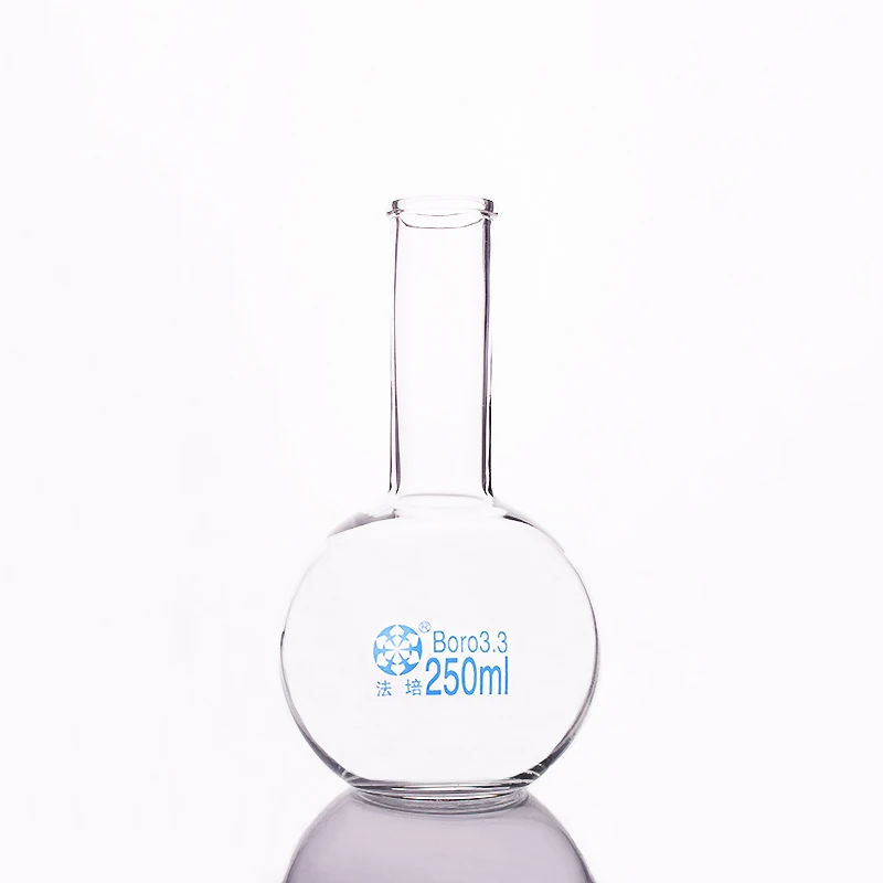 

Boiling flask flat bottom long narrow neck,Capacity 250ml,The O.D. of the neck is about 30mm,Long neck flask with normal mouth
