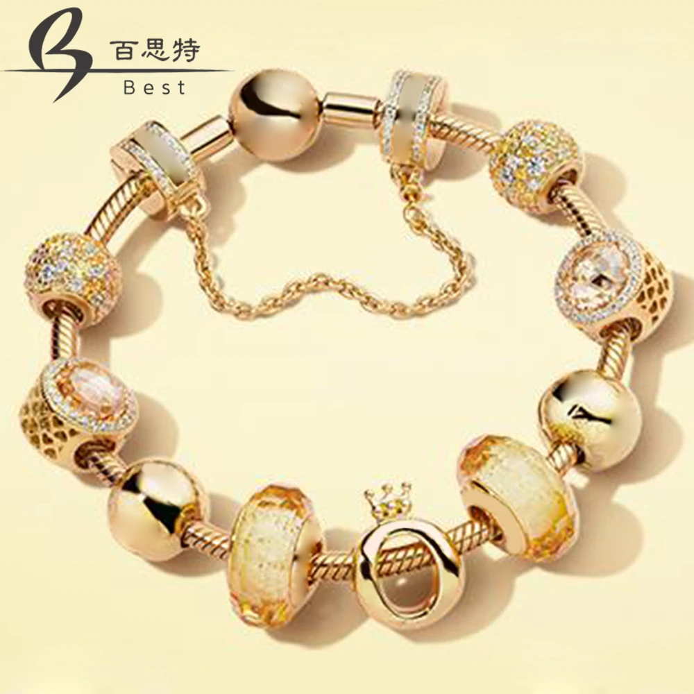 

BEST 100% 925 Sterling Silver 1:1 SHINE GOLDEN Series Charm Bracelet Set Free Shipping