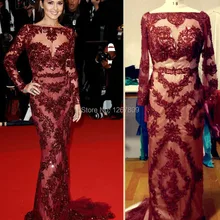 Реальное изображение Шерил Коул зухэр Мурад платья Канны красная ковровая дорожка сексуальные бордовые кружева с длинными рукавами селебрити вечернее платье