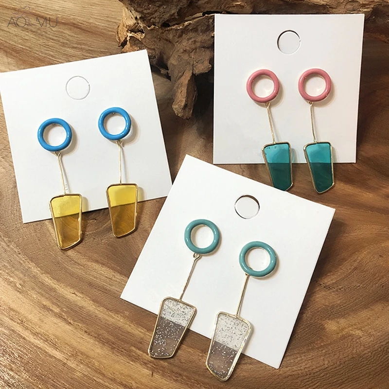 

AOMU S925 Sterling Silver Pin Color Enamel Transparent Irregular Circle Hollow Long Dangle Drop Earrings for Women Girl Party Je