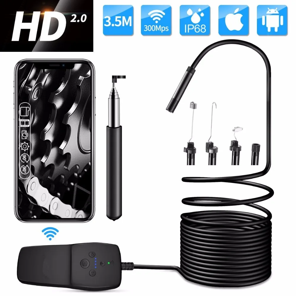 

Newest 1080P Wireless Endoscope 2.0 Megapixels WiFi Inspection Camera IP68 Waterproof Borescope Semi-rigid cable led adjustable