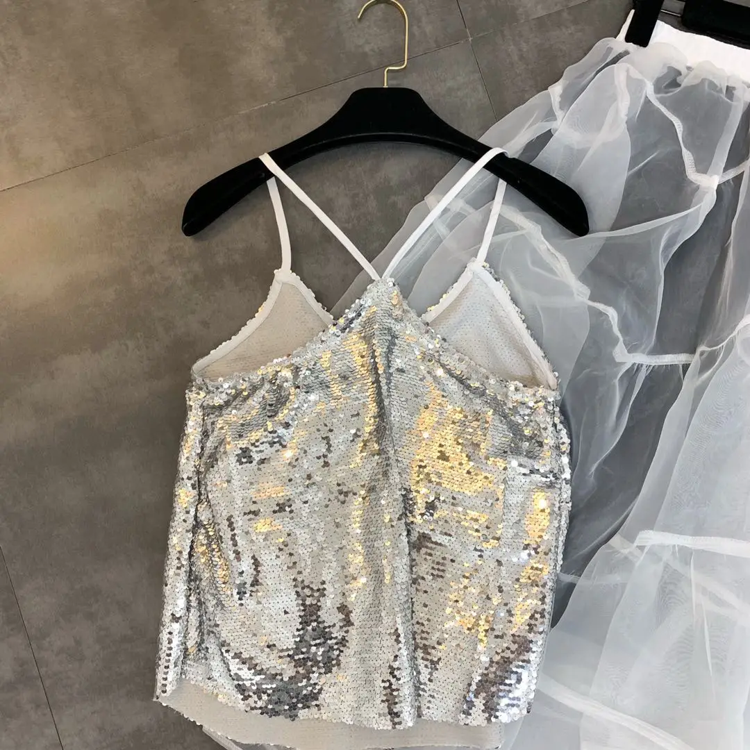 Лето новое украшение блестки красота назад тренд Camisole Женские топы для девочек