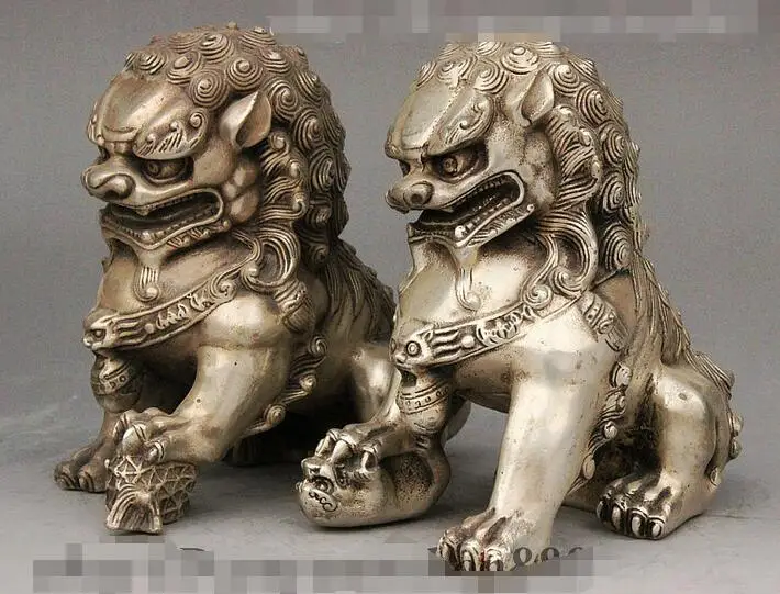 Fengshui Silver Guardian Lion Foo Fu Dog Male Female Statue Pair 