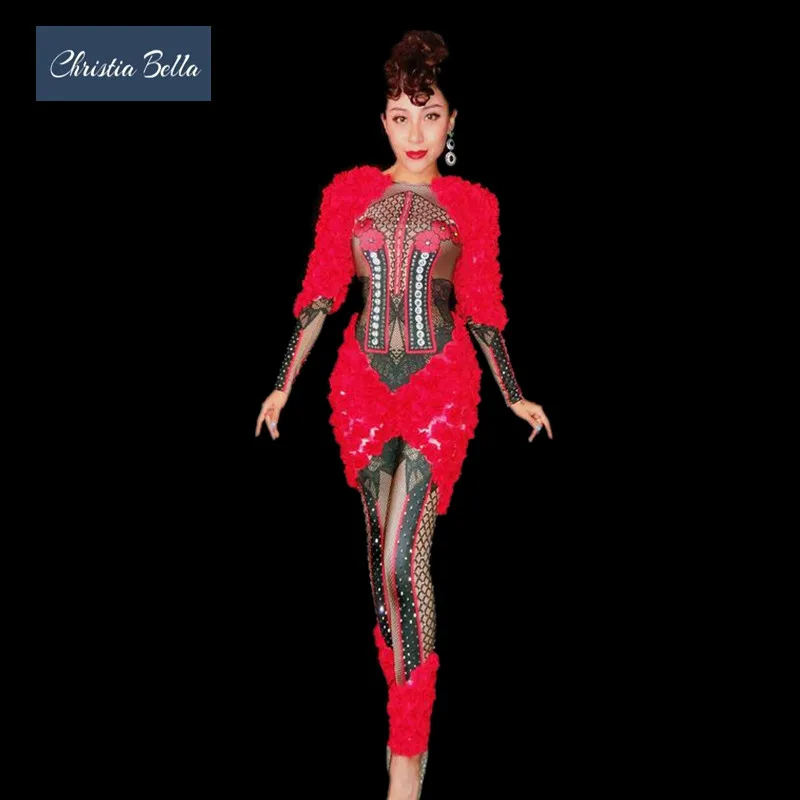 

Christia Bella Fashion Red Floral Rhinestones Jumpsuits Women Sexy Leotard Party Rompers Singer Outfits Nightclub Dance Costumes