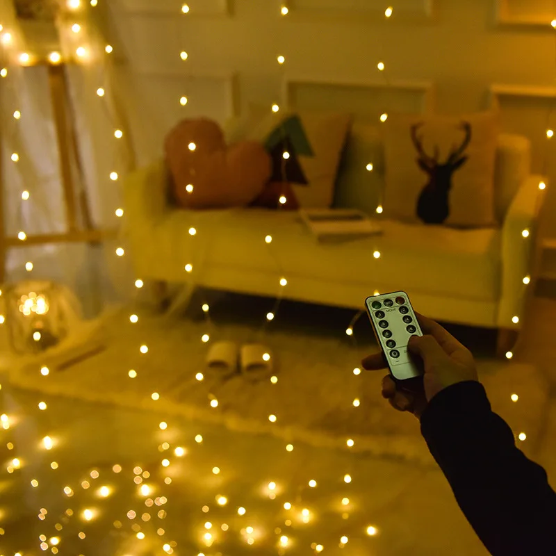 

Remote Control 3*3M LED Curtain Light Indoor Decorative Light for Christmas Wedding 8 play modes Copper Wire Glow led Decoration