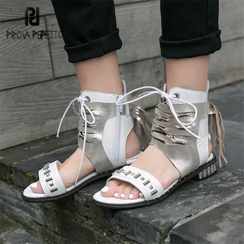 

Prova Perfetto Women Gladiator Sandals Summer Flat Beach Shoes Woman Rivets Studded Lace Up Sandalias Mujer Tassels Flats