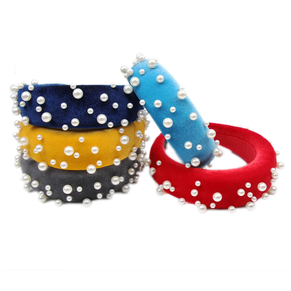 

CN Hair Accessories Pearl Padded Hairband For Women Wide Velvet Headband For Girl Hair Hoop Solid Color Headdress