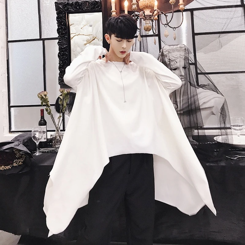 

M-XXL!!Spring and Autumn New Alternative Irregular Hem Design Loose Solid Color Tops Men's Long Sleeve.