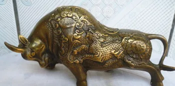 

WBY---522+++7.5"CHINA OLD BRASS HANDWORK CARVING BULLFIGHT COW WEAR DRAGON LOTUS STATUE