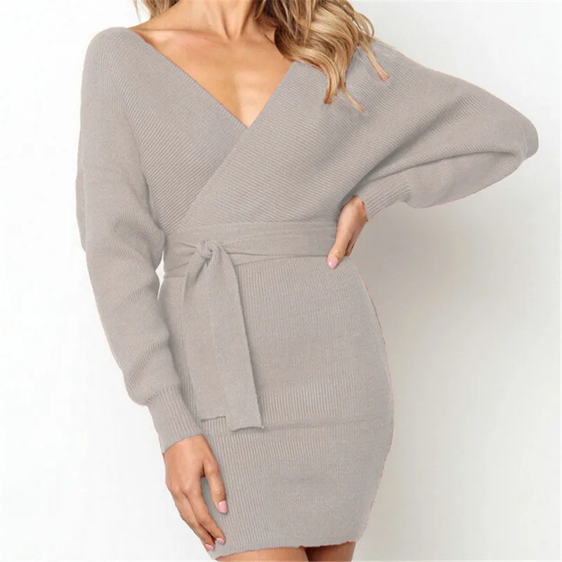 

Women Autumn Winter Casual Dresses Fashion 2018 Long Sleeve Sexy V-Neck Bodycon Bandage Dress For Woman Solid Chest Cross Dress
