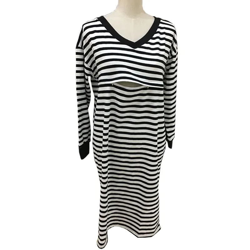 

V-Neck Contrast Color Stripe Autumn Nursing Dresses Breastfeeding Longs Sleeve Knee-Length Women Pregnant Dress