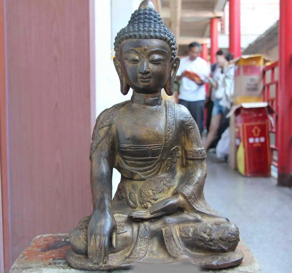 

15 Tibet Buddhism Folk Temple Copper Bronze Dragon Rulai Sakyamuni Buddha Statue