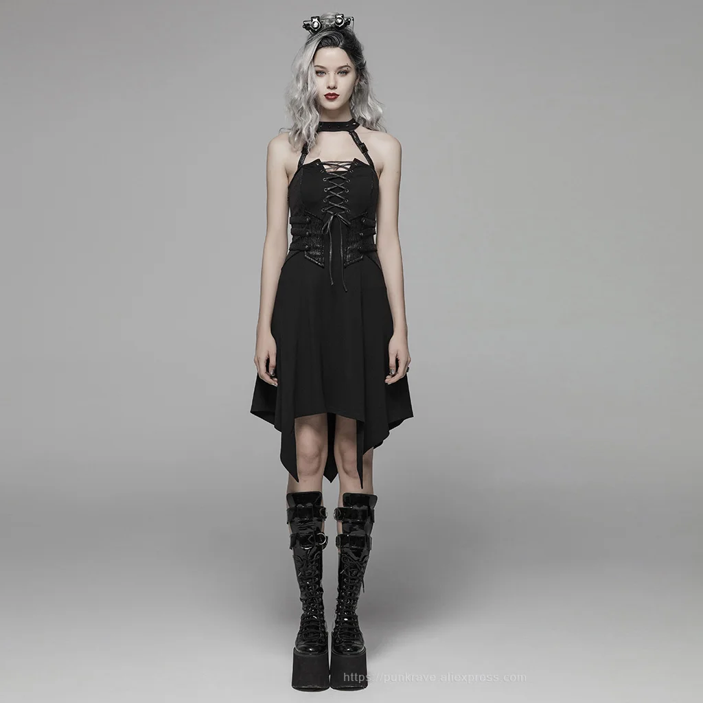 Панковское RAVE женское темно-панк асимметричное короткое платье с заклепками, Сексуальные клубные Вечерние платья на бретелях, женское платье в стиле рок и мотоцикла - Цвет: Black WQ-411