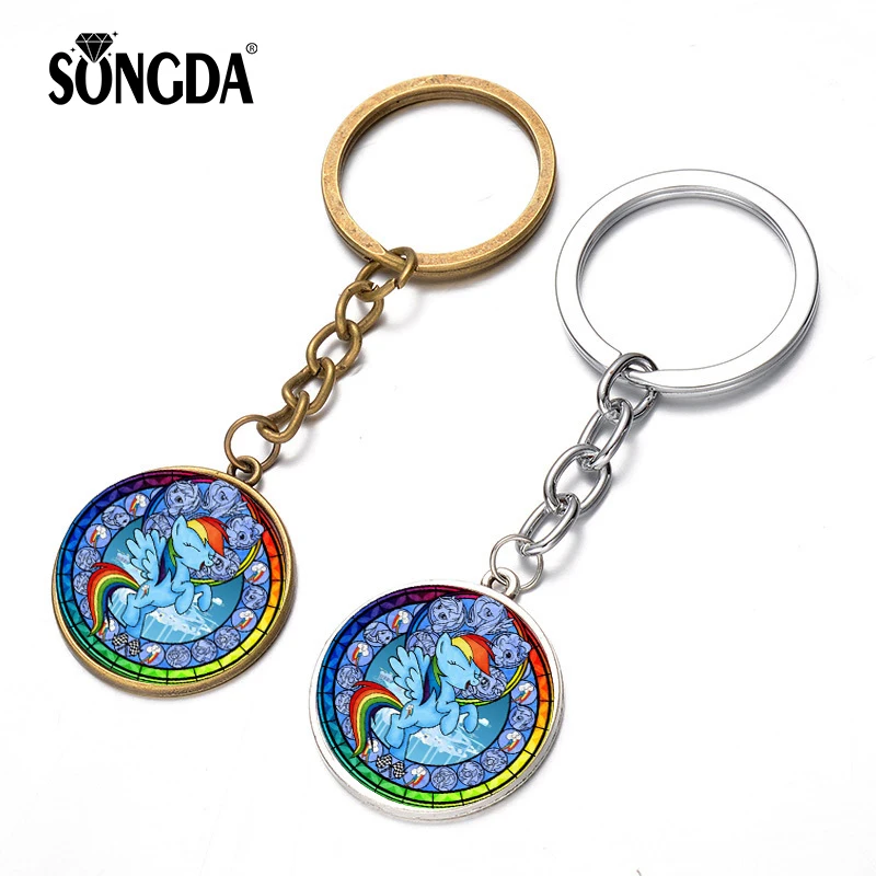 

SONGDA Cute My Little Horse Baoli Poni Keychain Cartoon Printed Glass Cabochon Pendant Long Key Chain Ring Holder Anime Jewelry