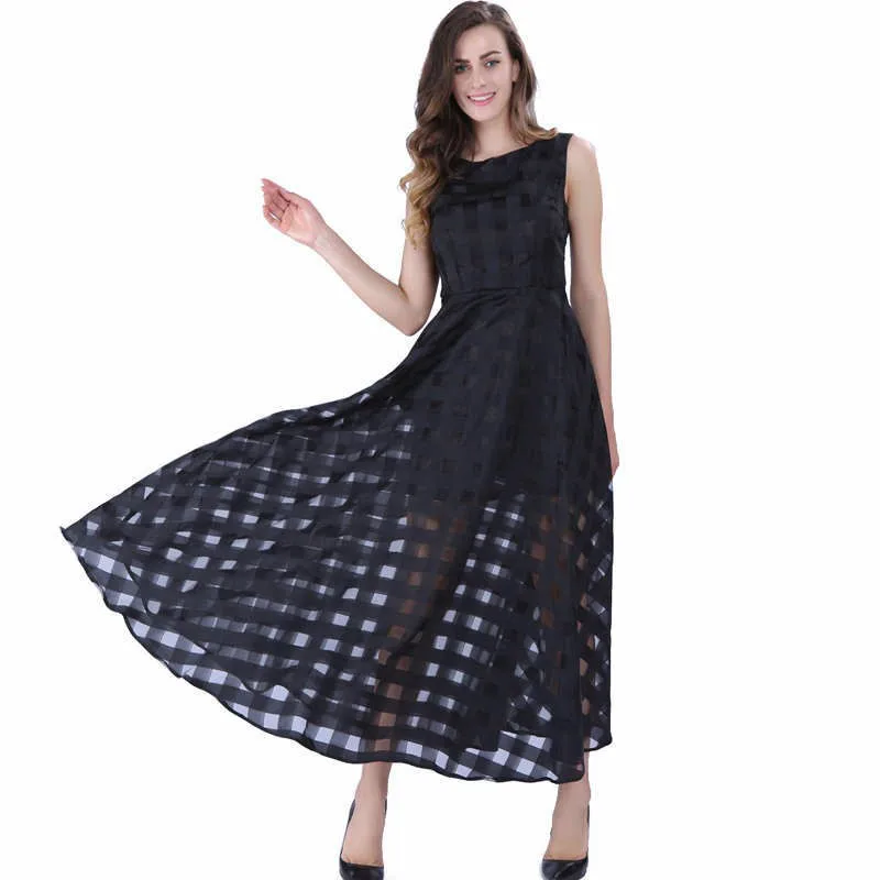 Sisjuly Women Black Pullover Dress Vintage Female Sleeveless Hollow Out Girl Dress Women Round Neck Ankle
