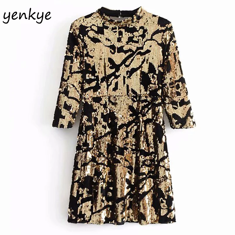 

Fashion 2019 Women Sexy Backless Sequin Dress Female High Collar Long Sleeve Club Party Bodycon Mini Dress AAZZ9148