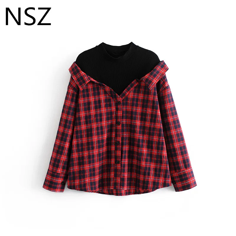 NSZ Women Fake Two-piece Suit Black patchwork Plaid Blouse Long Sleeve Round Collar Shirt Button Decoration Ladies Top Camisas |