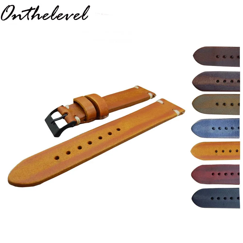 

Handmade Retro Genuine Leather Watch Band Strap 18mm 20mm 22mm 24mm Man Women Wrist Watchbands Belt Silver Polished Buckle