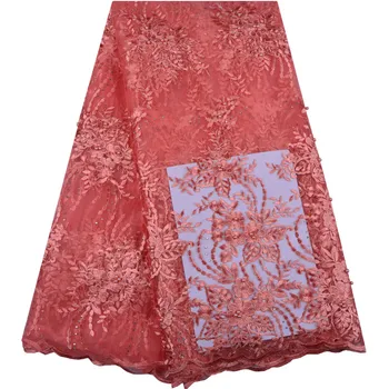 

Peach Color Fashion Nigerian French Lace Fabric Fashion African Mesh Fabric For Wedding African Lace Material With Beads F1319