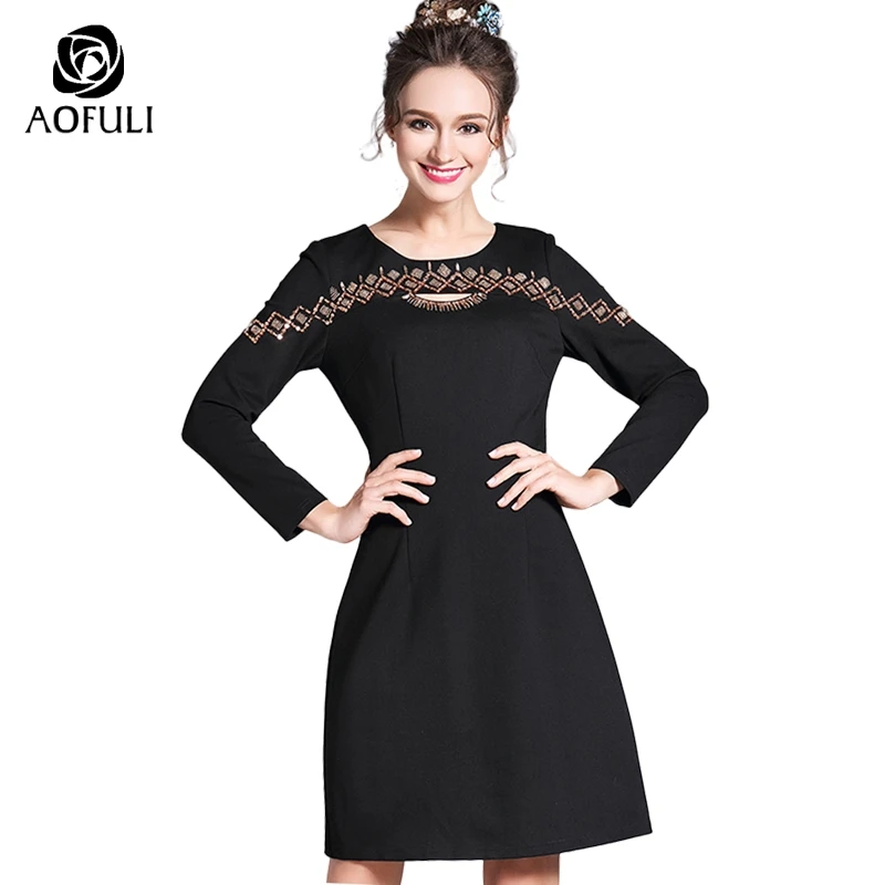 AOFULI L-5XL черное платье с геометрическим бисером вырезом большие размеры женское