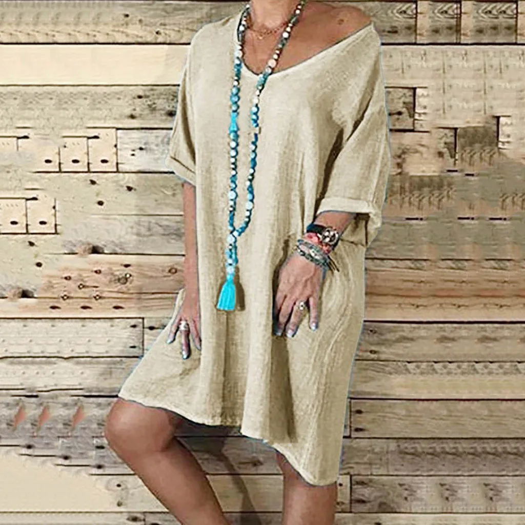 

Feitong Loose Boho Dress Women Summer Feminino Vestido T-shirt Dress Casual Ladies Dresses Solid Robe Femme Vestidos Verano 2019