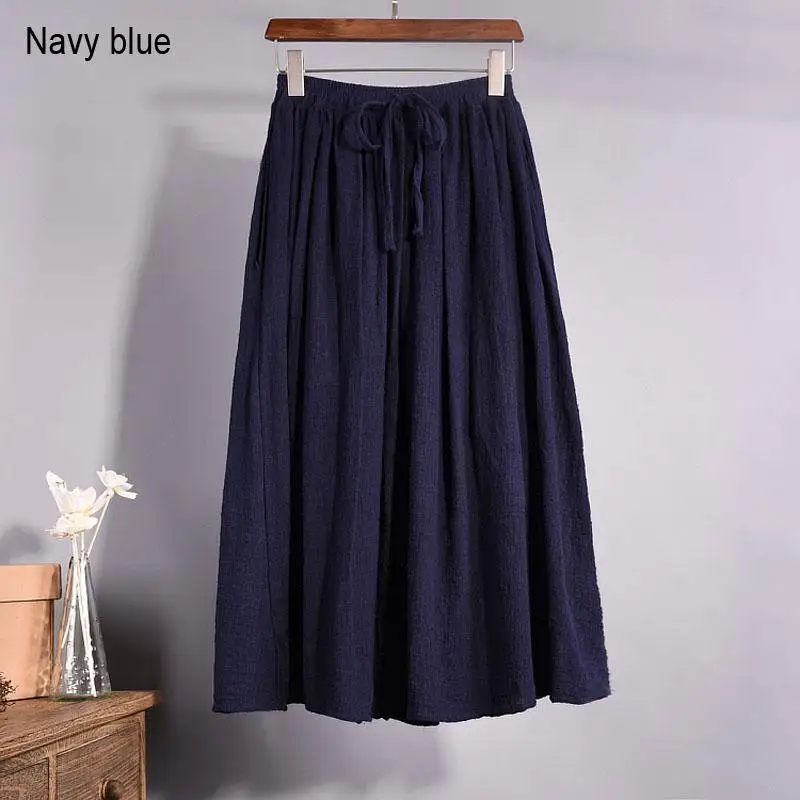 Женская короткая льняная юбка миди с высокой талией, весна, женская повседневная юбка с эластичной талией, бантами и боковыми карманами, 12 цветов, Saia SK46 - Цвет: Navy Blue